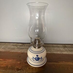 Vintage Lamplight Farms Oil Lamp Blue Heart Ceramic Kerosene Hurricane Shade